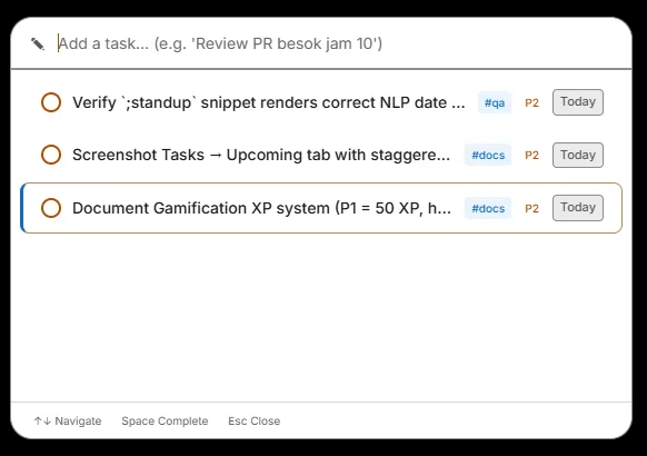 Tasks Magic Menu overlay popup with quick task capture and today's schedule