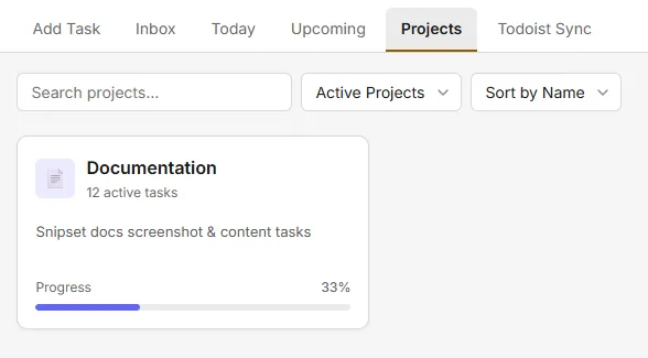 Projects tab card displaying active task count and progress