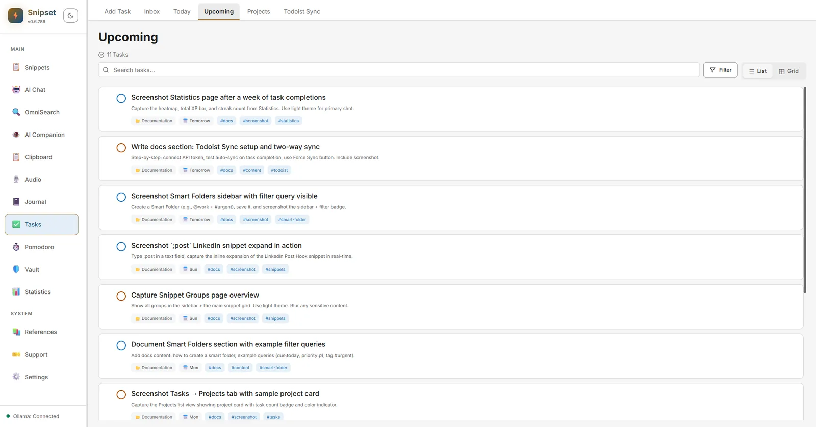 Upcoming view displaying tasks organized by upcoming dates